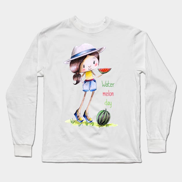 Cute girl in panama and shorts with a slice of watermelon Long Sleeve T-Shirt by Olena Tyshchenko